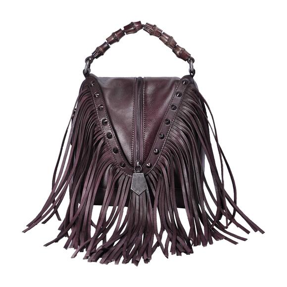 Handbags - 5137 Leather Bamboo Hand Strap Featured Fringe Bohemian Tassel Studed Cross